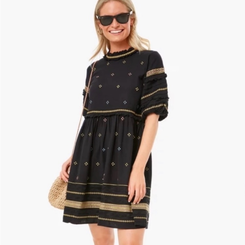 THE GREAT. Black Mini Dress with Gold Details